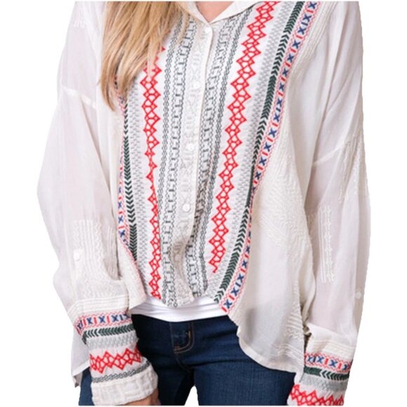 JOHNNY WAS Cream/Off White Embroidered Melvin Button Down Blouse Sz M - Picture 3 of 11